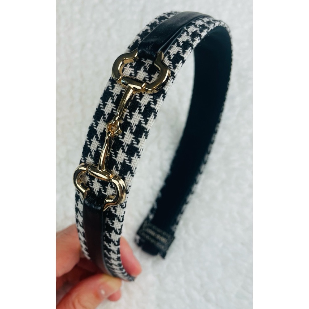 (NWOT) Handmade Black/White/Gold Houndstooth Horse Bit Headband - Picture 2 of 12